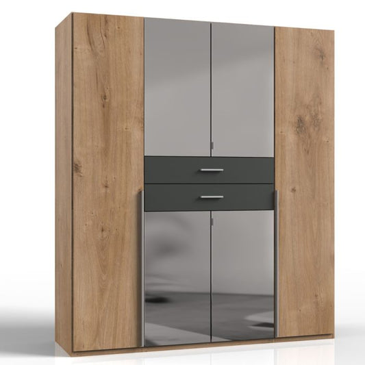 Denver 4 Door Wardrobe with Mirrored Doors | Planked Oak & Graphite | Rustic Appeal | Furco
