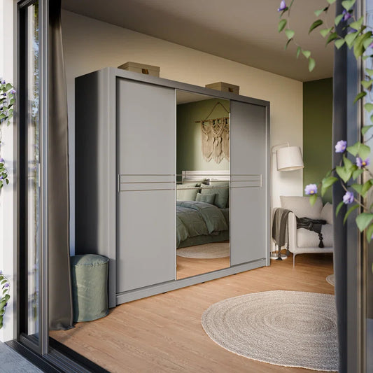 Minnis 3 Door Manufactured Wood Grey Sliding Wardrobe