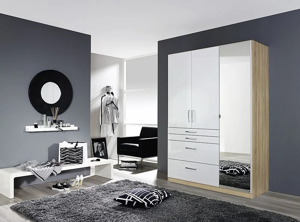 Homburg 3 Door Combi Wardrobe in Oak and White Gloss - W 136cm