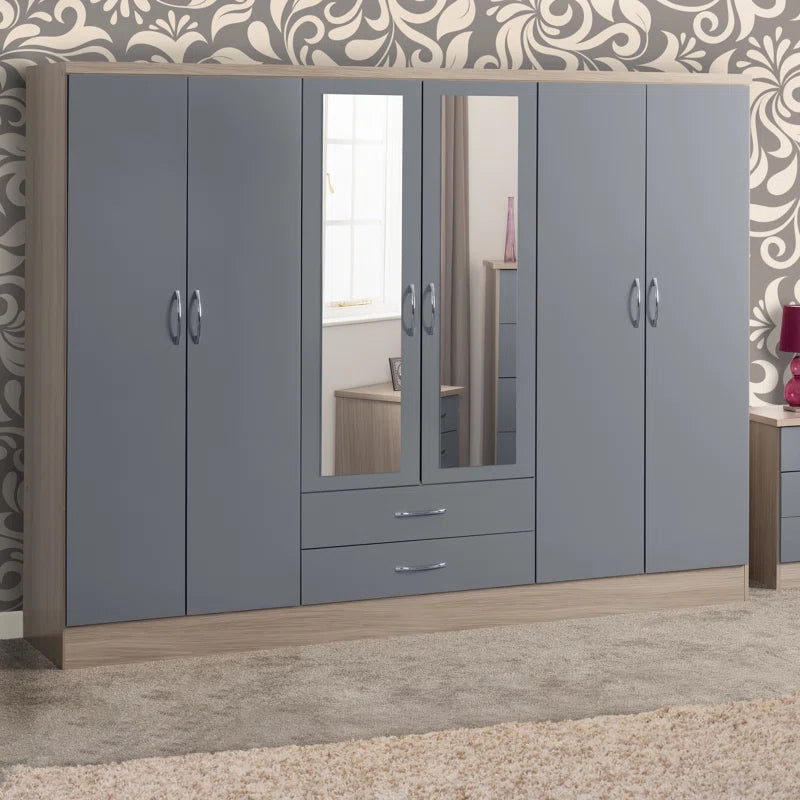 Noir Gloss 6 Door 2 Drawer Wardrobe In Grey And Light Oak