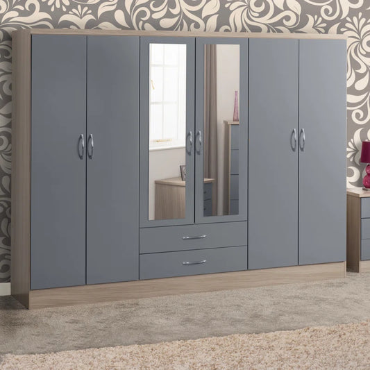 Noir Gloss 6 Door 2 Drawer Wardrobe In Grey And Light Oak