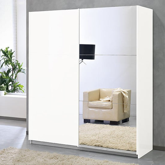 Abby Mirrored Large Wooden Sliding 2 Door Wardrobe In White