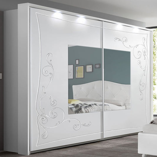 Agio Italian LED Mirroed 2 Door Wooden Sliding Wardrobe In Serigraphed White