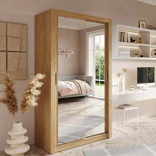 Aliso Wardrobe With Mirror Sliding 2 Doors In Shetland Oak