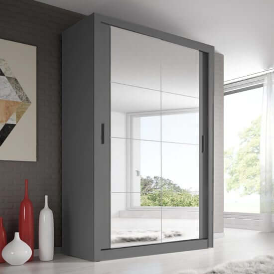 Aliso Wardrobe With Mirrored Sliding 2 Doors In Matt Grey