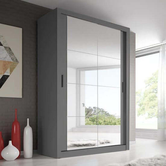 Aliso Wardrobe With Mirrored Sliding 2 Doors In Matt Grey