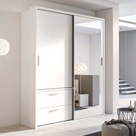 Aliso Wardrobe With Sliding 2 Doors With Drawers In Matt White