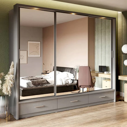Aliso Sliding Wardrobe | 3 Doors in Matt Grey with LED | Sophisticated Tone | Furco