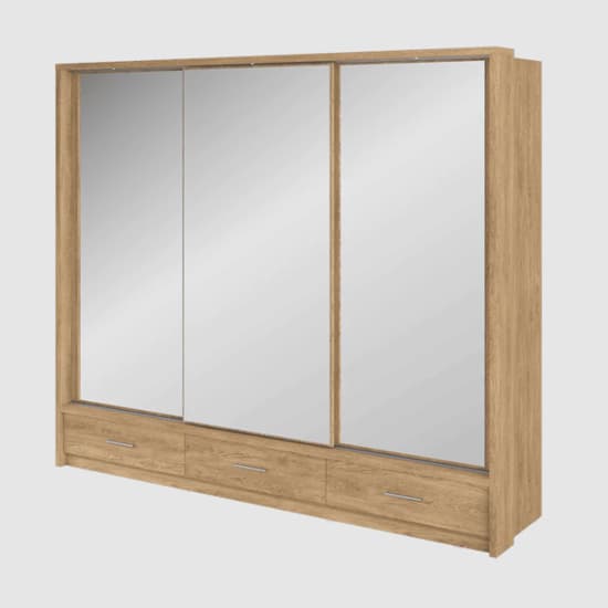 Aliso Sliding Wardrobe | 3 Doors in Shetland Oak with LED | Warm Ambiance | Furco