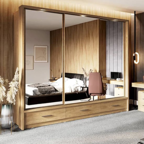 Aliso Sliding Wardrobe | 3 Doors in Shetland Oak with LED | Warm Ambiance | Furco
