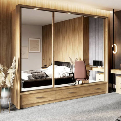 Aliso Sliding Wardrobe | 3 Doors in Shetland Oak with LED | Warm Ambiance | Furco