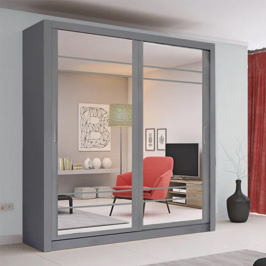 Allen Large Sliding Wardrobe | Mirrored 2 Doors in Matt Grey | Contemporary Appeal | Furco
