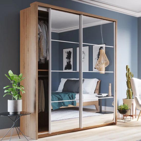 Allen Medium Wardrobe With Sliding 2 Doors In Shetland Oak
