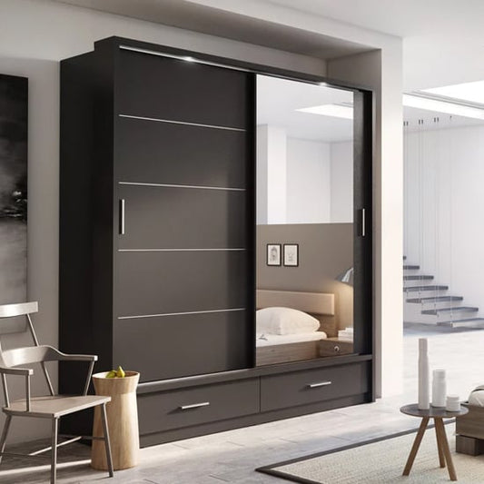 Allen 2 Door Sliding Wardrobe with Drawers | Matt Black | Bold & Functional | Furco