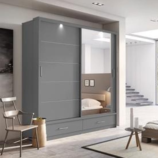 Allen 2 Door Sliding Wardrobe with Drawers | Matt Grey | Modern Utility | Furco