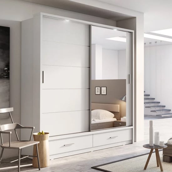 Allen 2 Door Sliding Wardrobe with Drawers | Matt White | Streamlined & Practical | Furco