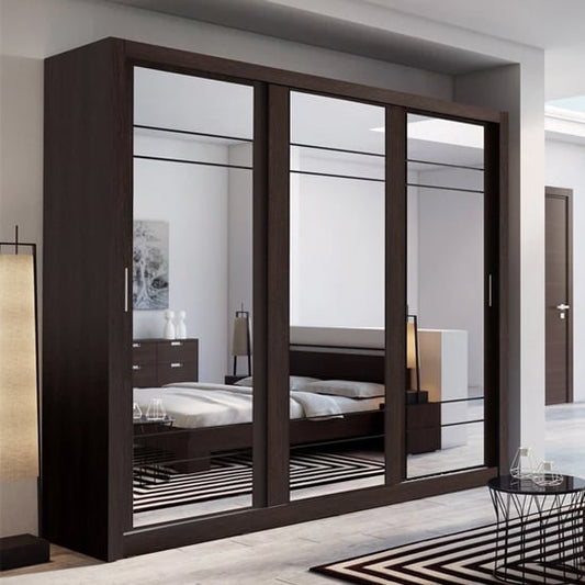 Allen Wardrobe | Mirrored Sliding 3 Doors in Wenge Brown | Exotic Appeal | Furco