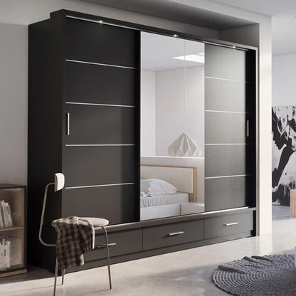 Allen Wooden Sliding Wardrobe | 3 Doors in Matt Black | Bold & Spacious | Furco
