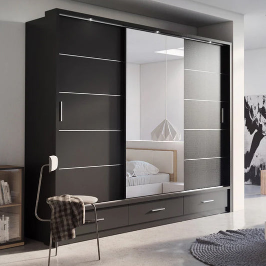 Allen Wooden Sliding Wardrobe | 3 Doors in Matt Black | Bold & Spacious | Furco