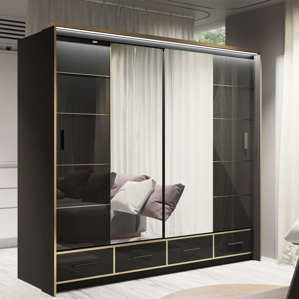 FURCO Andromeda Black High Gloss 203cm 2 Door Sliding Wardrobe - Modern Elegance