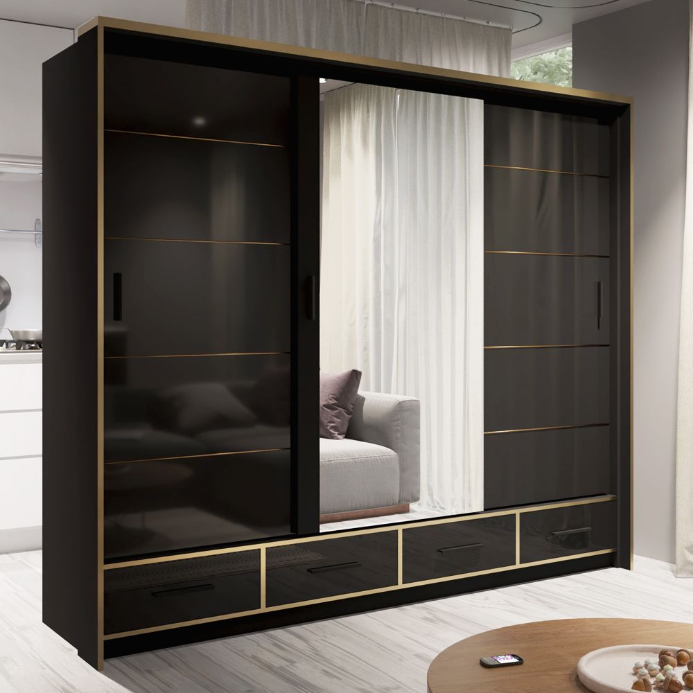 FURCO Andromeda 253cm Sophisticated Black High Gloss 3 Door Sliding Wardrobe - Premium Elegance
