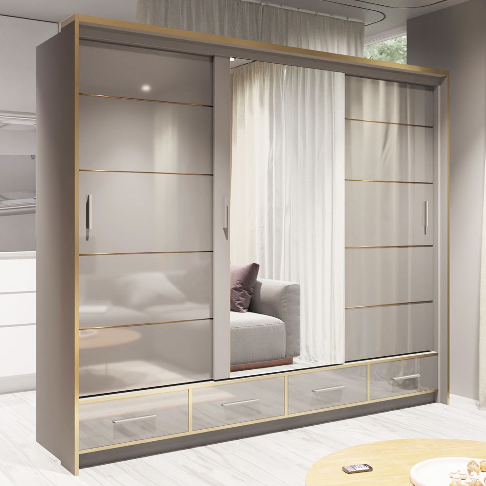 FURCO Andromeda 253cm Chic Grey High Gloss 3 Door Sliding Wardrobe - Luxurious & Spacious