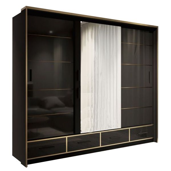 FURCO Andromeda 253cm Sophisticated Black High Gloss 3 Door Sliding Wardrobe - Premium Elegance