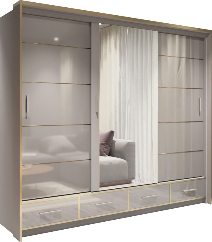 FURCO Andromeda 253cm Chic Grey High Gloss 3 Door Sliding Wardrobe - Luxurious & Spacious