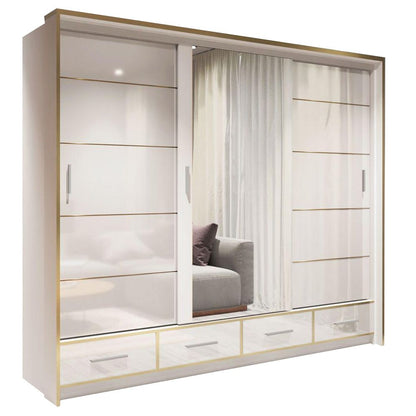FURCO Andromeda 253cm Pristine White High Gloss 3 Door Sliding Wardrobe - Modern Luxury