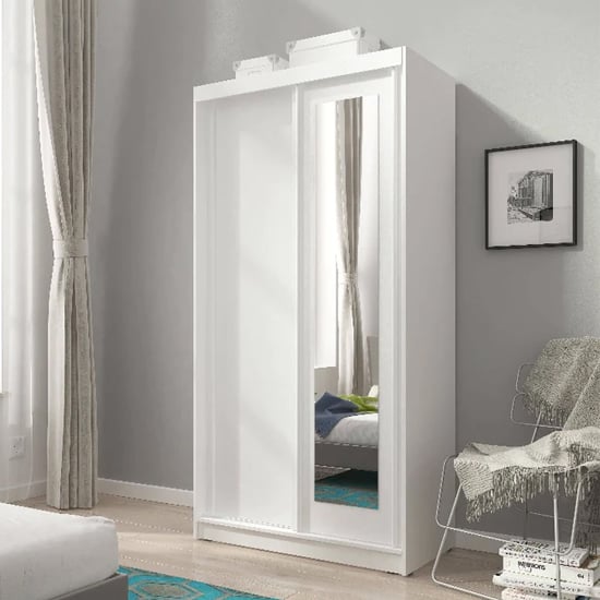 Aria Mirrored Wardrobe With Sliding 2 Doors In Matt White
