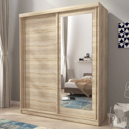 Aria Mirrored Wardrobe Large With Sliding 2 Doors In Oak