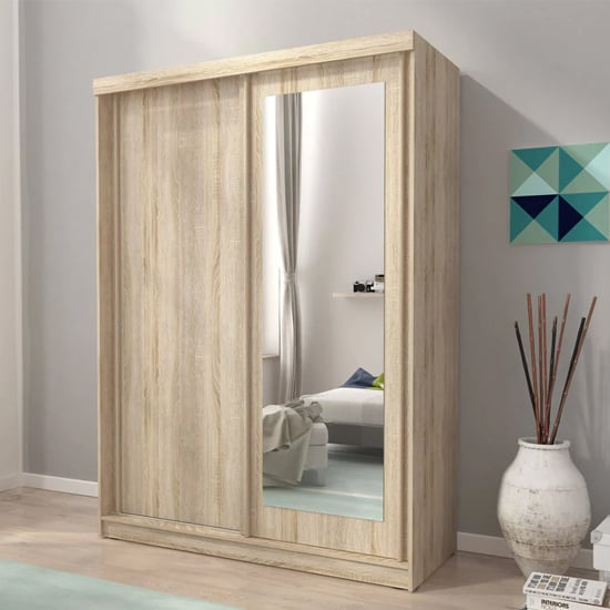 Aria Mirrored Wardrobe Medium With Sliding 2 Doors In Oak