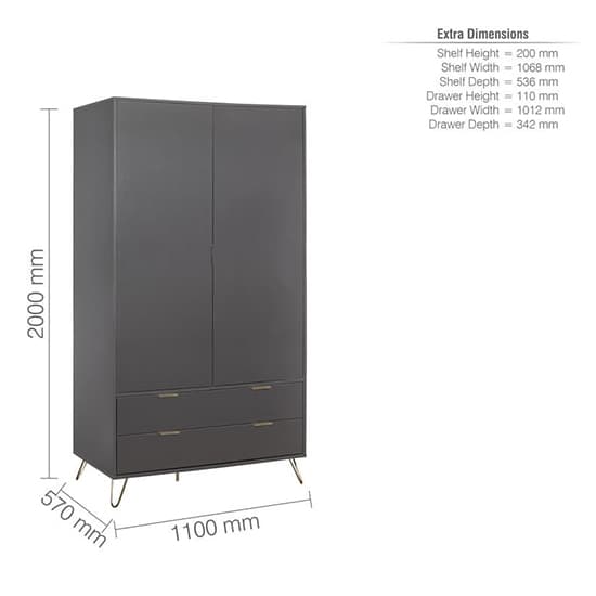 Arlo Wooden Wardrobe With 2 Doors And 2 Drawers In Charcoal