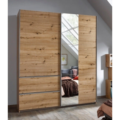 Sevilla Artisan Oak 2 Door 2 Drawer Combi Sliding Wardrobe with Aluminium Handle Strips and Mirror Panel - 175cm