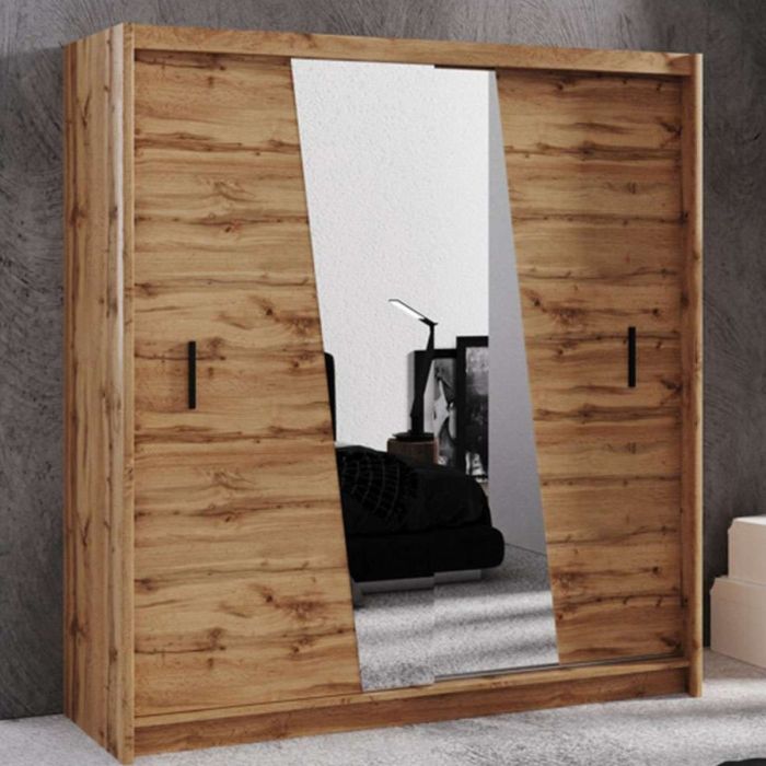 Havant Sliding 2 Door 203cm Wardrobe with Slanted Mirror - Oak Wotan