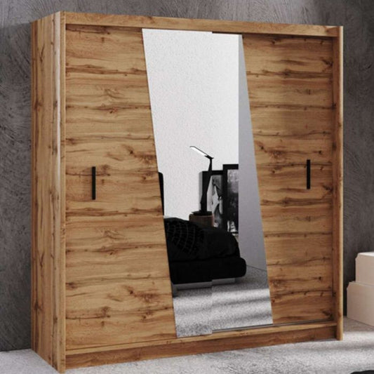 Havant Sliding 2 Door 203cm Wardrobe with Slanted Mirror - Oak Wotan