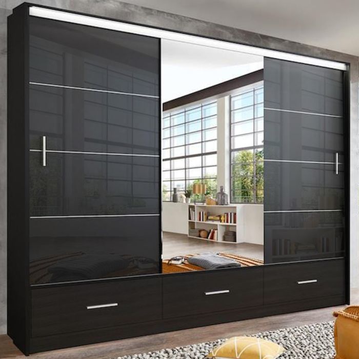Cornelia 250cm Large High Gloss Sliding 3 Door Wardrobe - Black