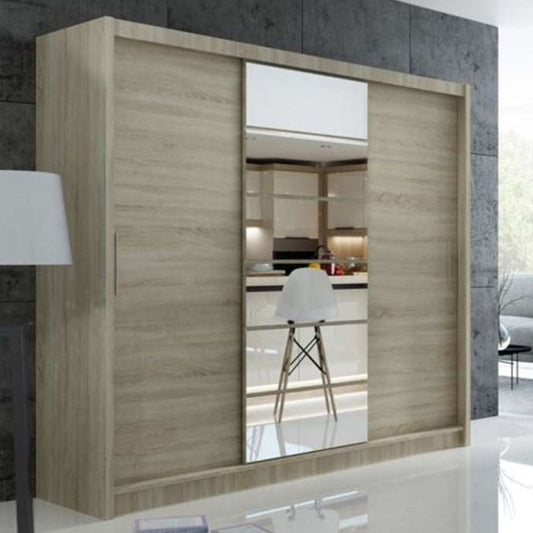 Rotherham Warm Wood Effect Sliding 3 Door Mirror Wardrobe - Oak Sonoma