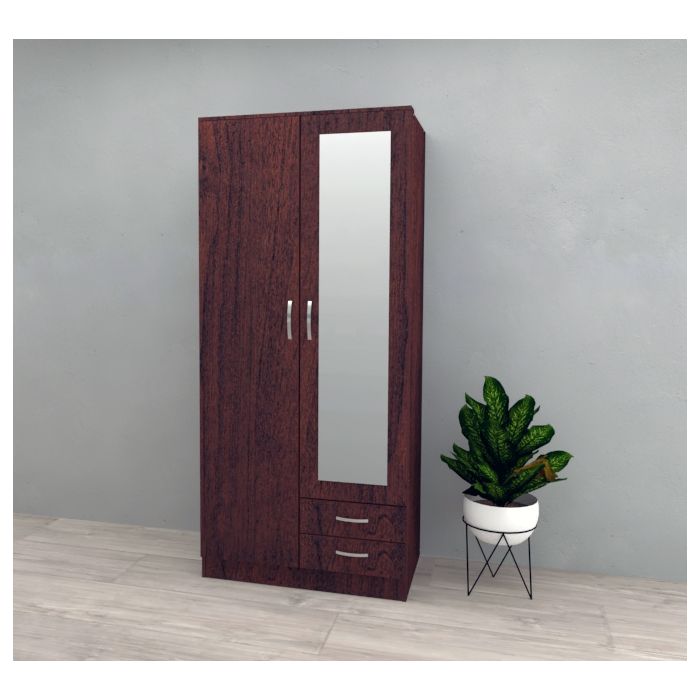 Rome 2 Door Mirrored Wardrobe | Dark Cherry with 2 Drawers | Classic Elegance | Furco