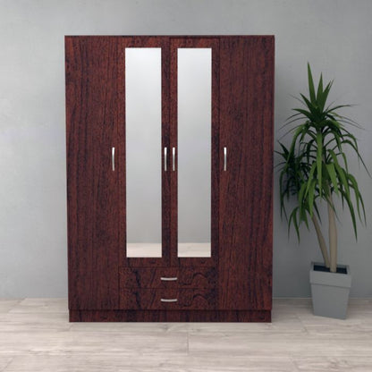 Rome 4 Door Mirrored Wardrobe | Dark Cherry Brown with Drawers | Regal Style | Furco