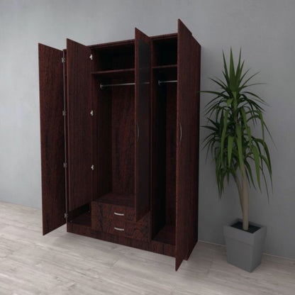Rome 4 Door Mirrored Wardrobe | Dark Cherry Brown with Drawers | Regal Style | Furco