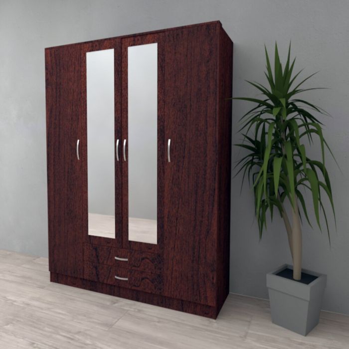 Rome 4 Door Mirrored Wardrobe | Dark Cherry Brown with Drawers | Regal Style | Furco