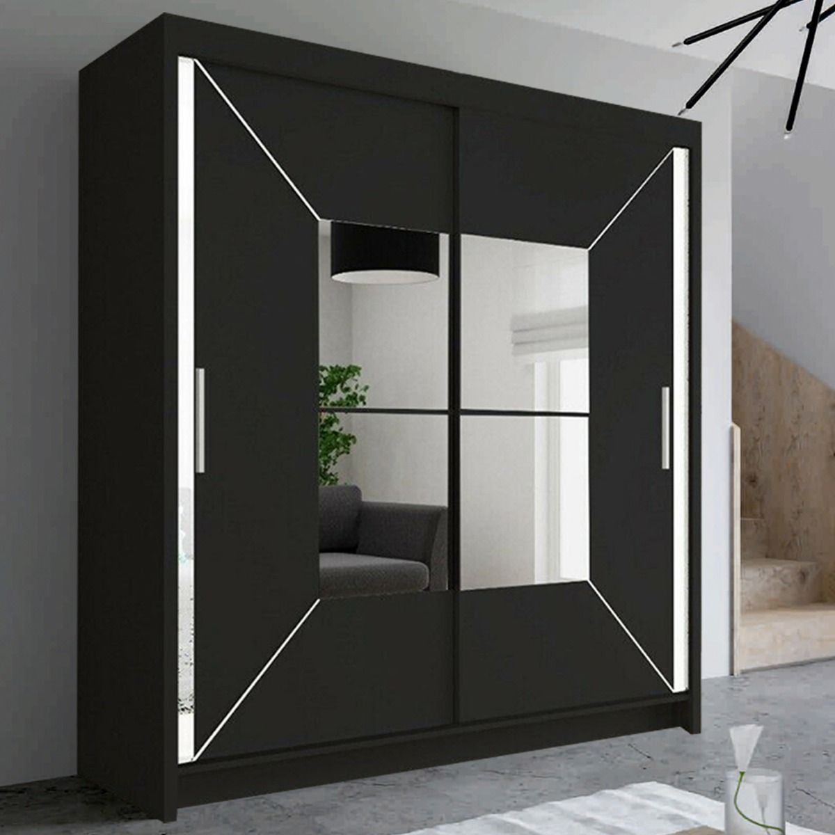 FURCO | Bartholomew Mirrored 2 Door Sliding Wardrobe | Sleek Black | Modern & Reflective Design