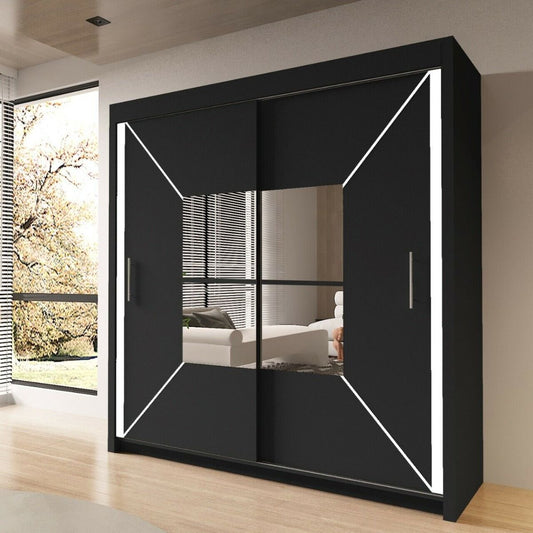 FURCO | Bartholomew Mirrored 2 Door Sliding Wardrobe | Sleek Black | Modern & Reflective Design