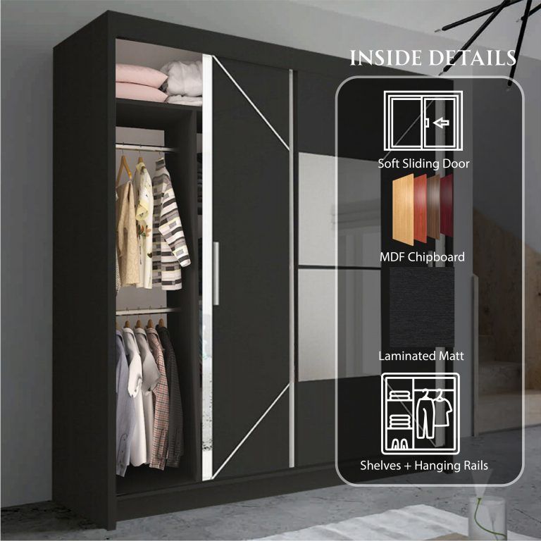 FURCO | Bartholomew Mirrored 2 Door Sliding Wardrobe | Sleek Black | Modern & Reflective Design
