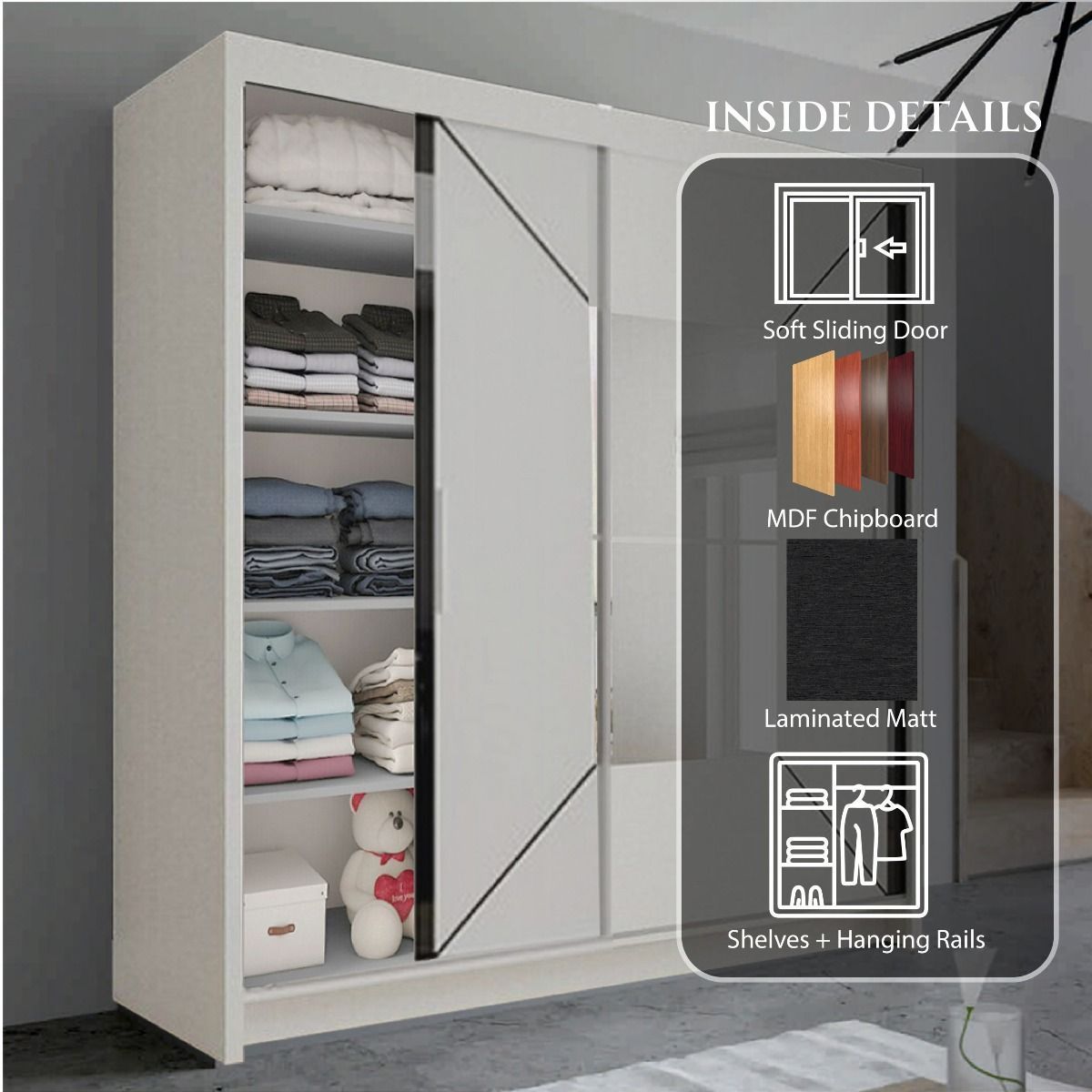 FURCO | Bartholomew Mirrored 2 Door Sliding Wardrobe | Crisp White | Elegant & Spacious Storage