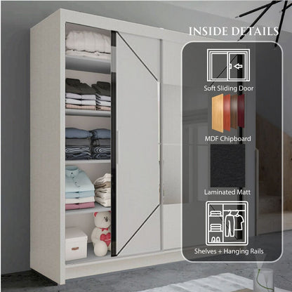 FURCO | Bartholomew Mirrored 2 Door Sliding Wardrobe | Crisp White | Elegant & Spacious Storage
