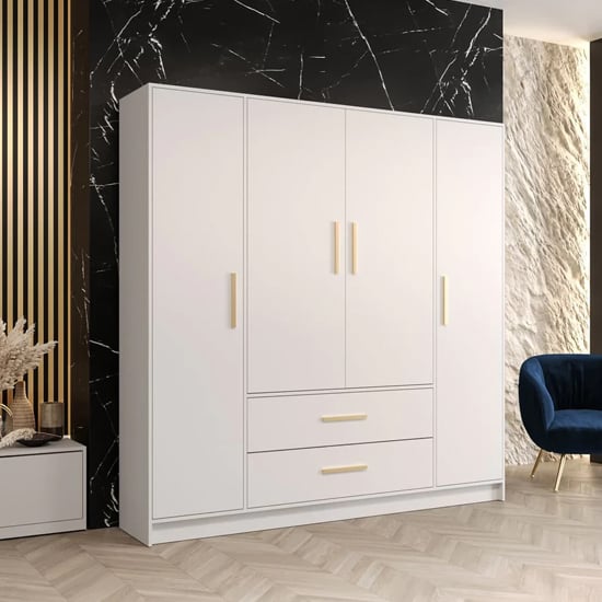 Bastia I Wooden Wardrobe With 4 Doors 2 Drawers In White