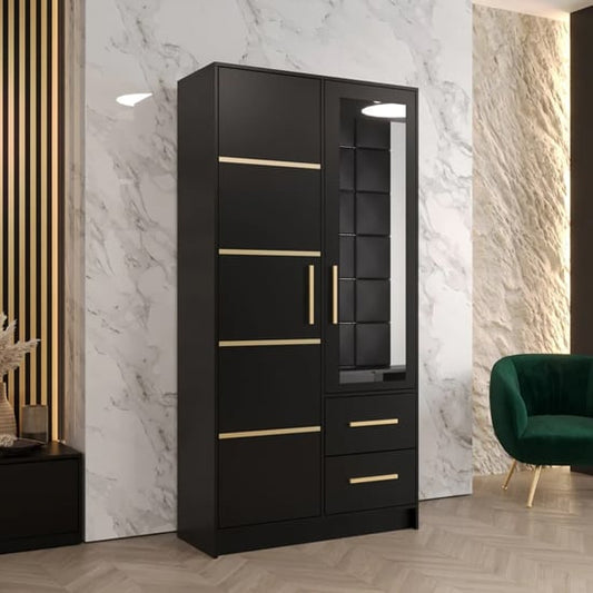 Bastia II Mirrored Wardrobe With 2 Doors 2 Drawers In Black