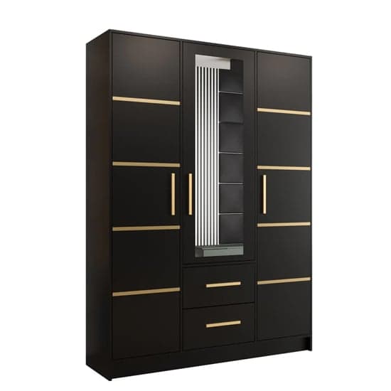 Bastia II Mirrored Wardrobe With 3 Doors 2 Drawers In Black